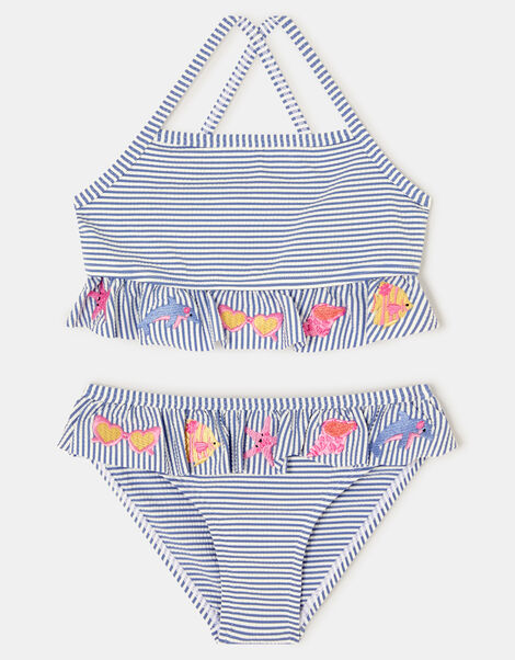 Girls Embroidered Stripe Bikini Set, Blue (BLUE), large