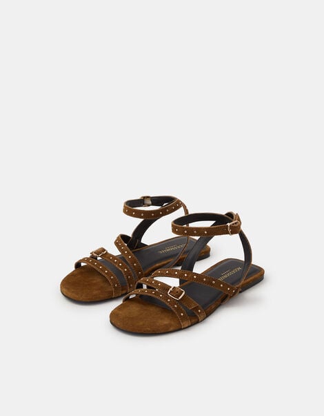 Stud Suede Strappy Sandals, Green (KHAKI), large