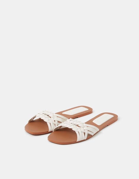 Woven Leather Slide Sandals, White (WHITE), large