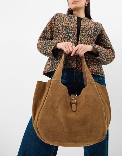 Buckle Tab Suede Shoulder Bag, , large
