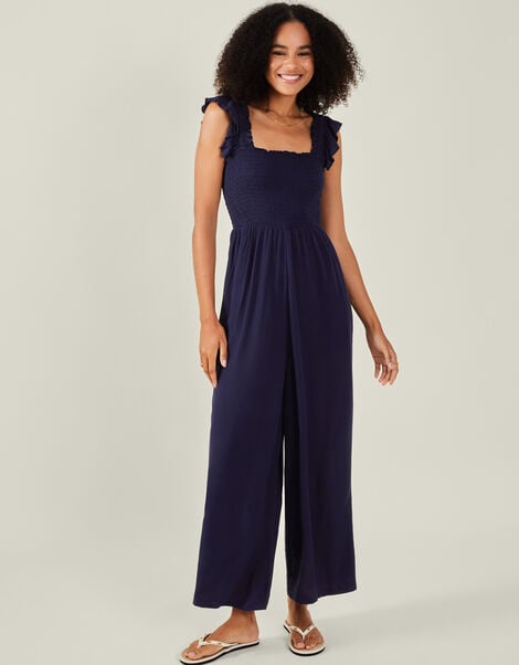 Frill Shoulder Jumpsuit, Blue (NAVY), large