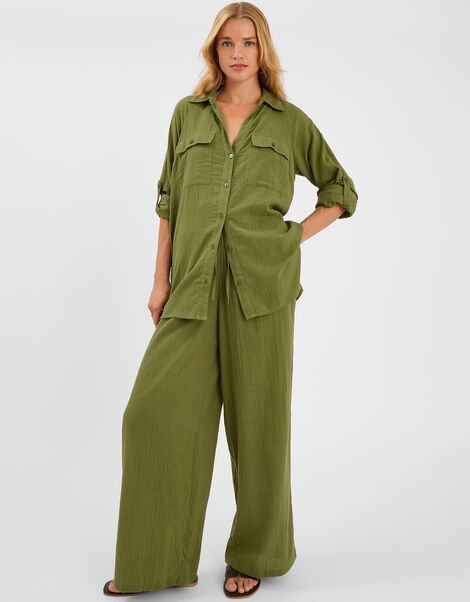 Wide Leg Beach Trousers, Green (KHAKI), large