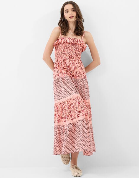 Mix Floral Print Smocked Maxi Dress, Pink (PINK), large