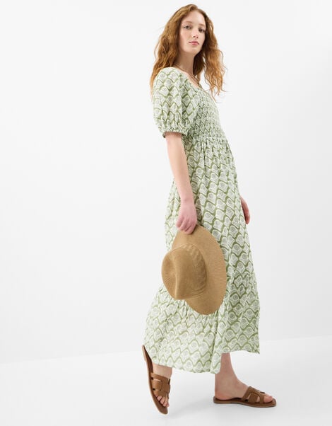 Floral Print Puff Sleeve Maxi Dress, Green (KHAKI), large